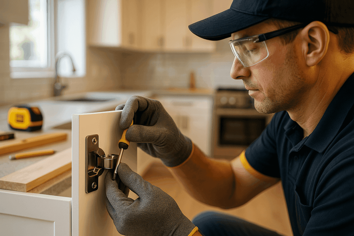 Gloved hands fitting cabinet hinge in residential kitchen remodeling with safety gear