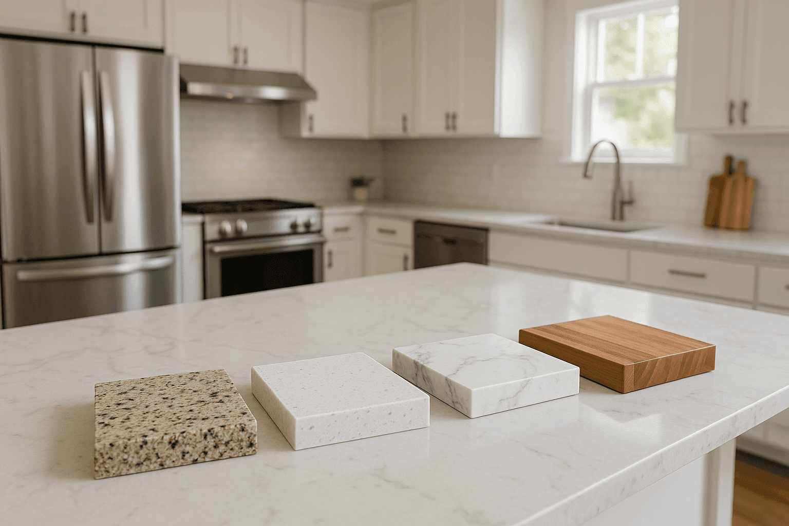 Selection of granite, quartz, marble, and butcher block kitchen countertops displayed in a remodeled kitchen