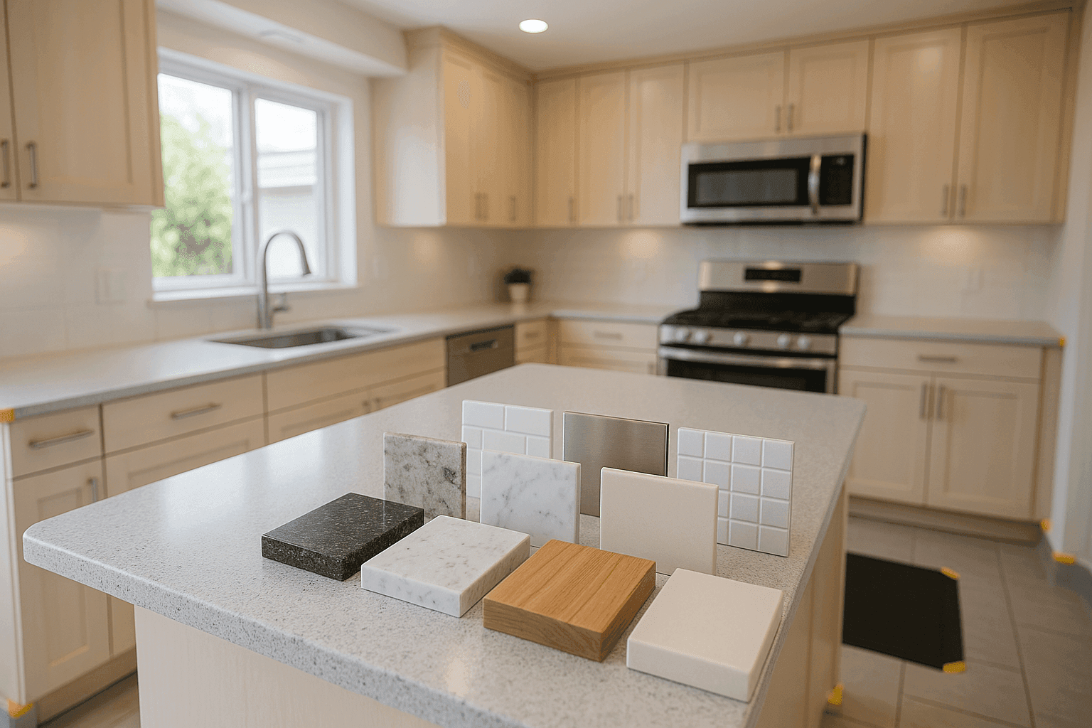 Modern kitchen with various countertop and backsplash materials laid out for comparison