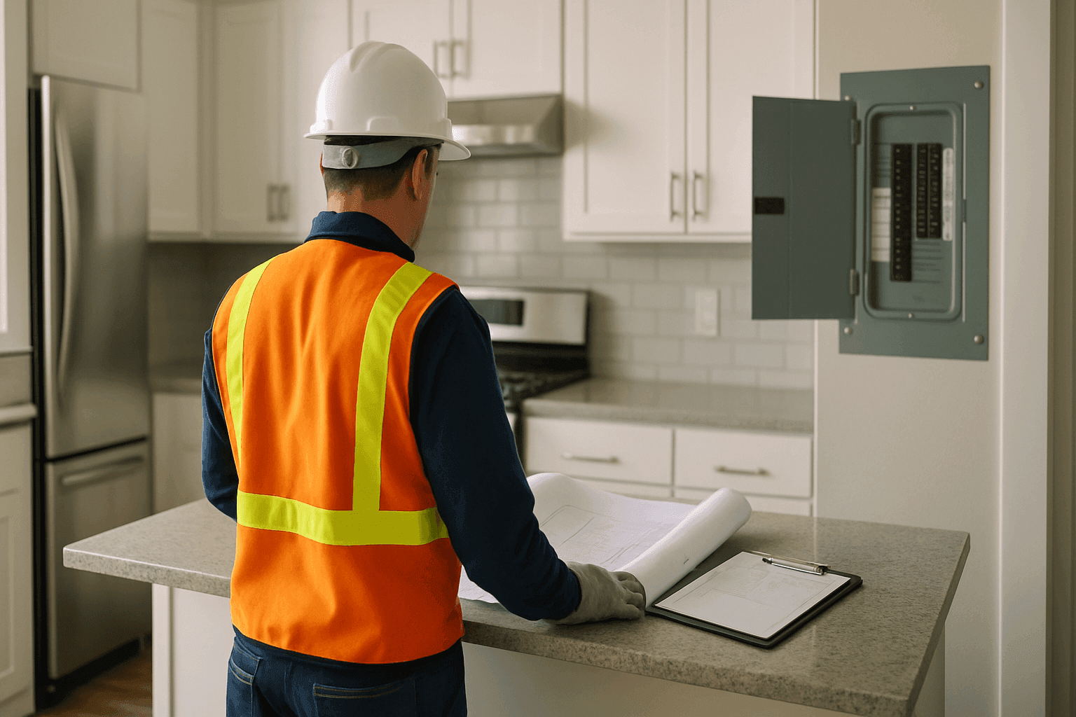 Inspector reviewing kitchen remodel plans and electrical panel in a clean, renovated kitchen