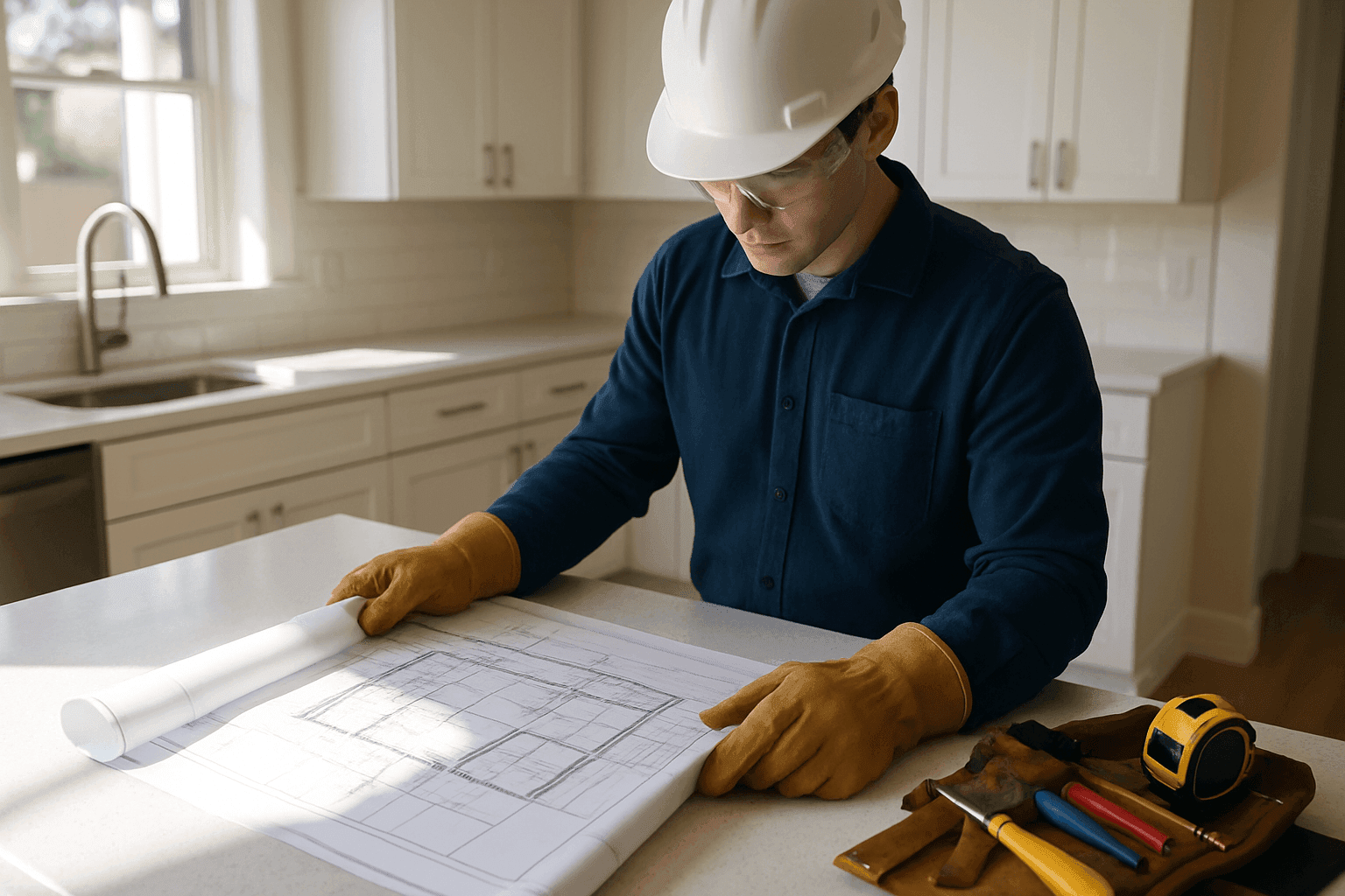 Kitchen designer reviewing plans in a tidy kitchen remodel site with no visible mistakes
